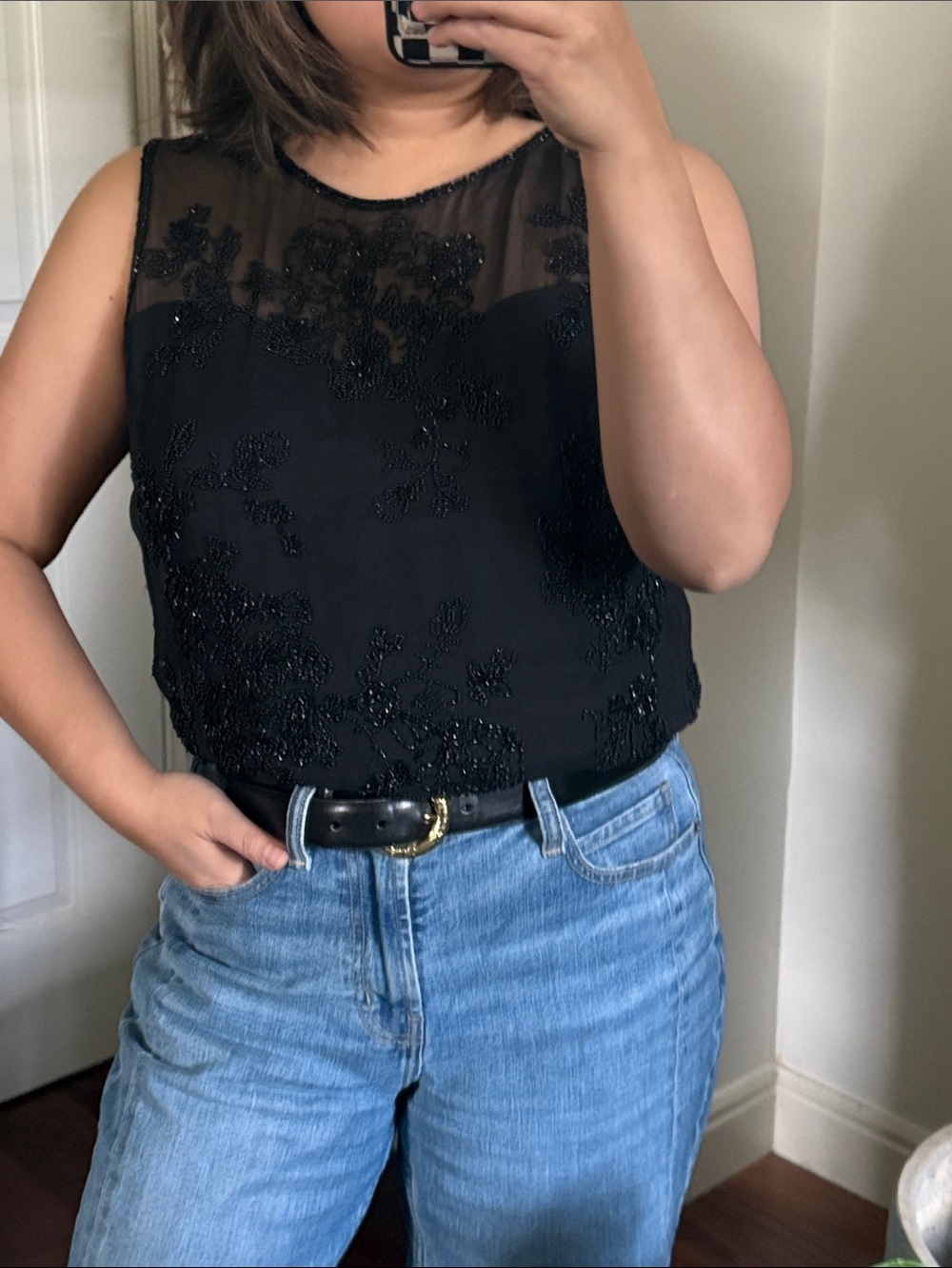 Vintage Oleg Cassini black tie 100% silk Beaded Blouse Bodysuit Tank. S